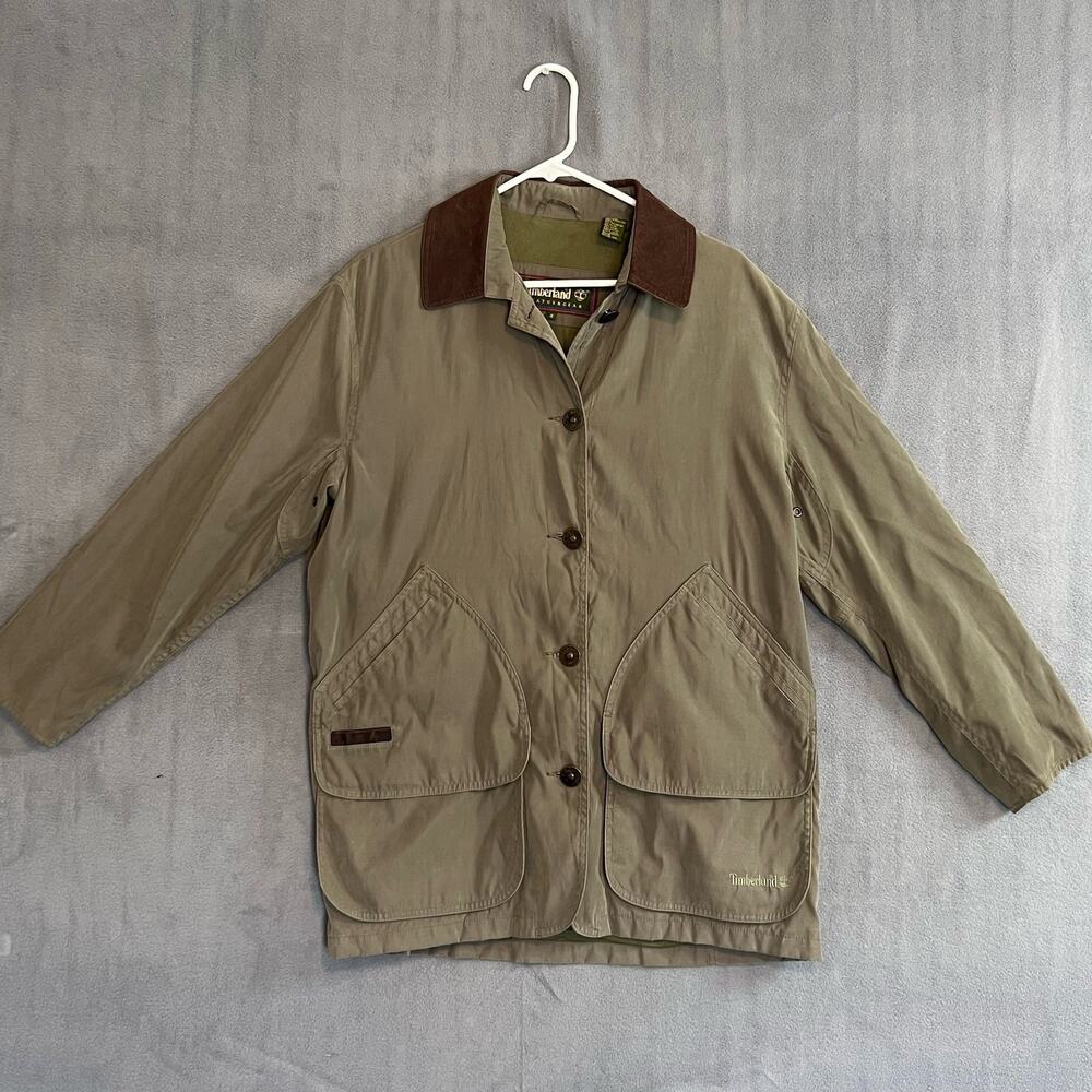 Vtg Y2K Timberland Men's Lightweight Khaki Jacket w\ Leather Trim Collar Sz S